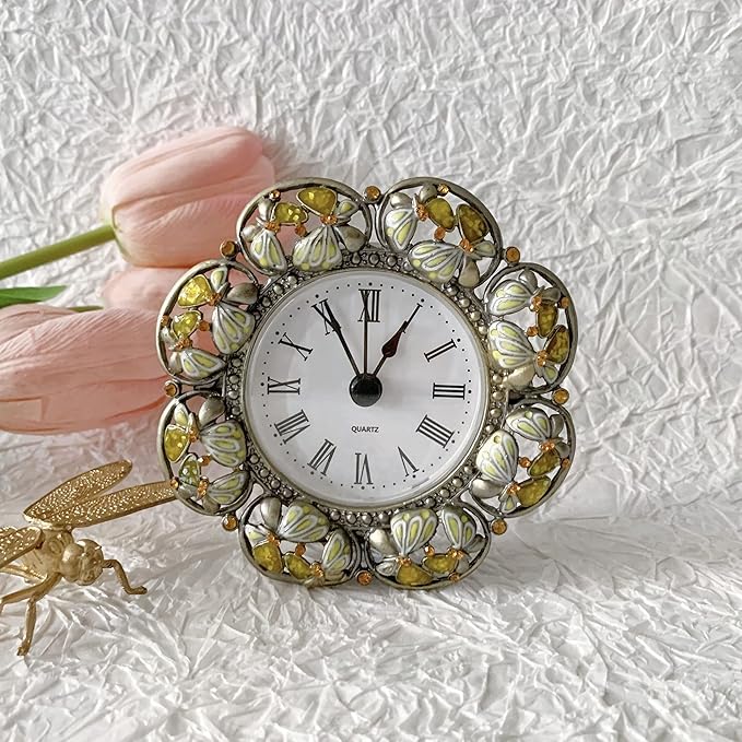 Silent Mini Vintage Analog Table Clock with Hand-Painted Metal Body and Battery Operated Non-Ticking Core for Shelf, Bedroom, Bedside, Desk, Gift Clock