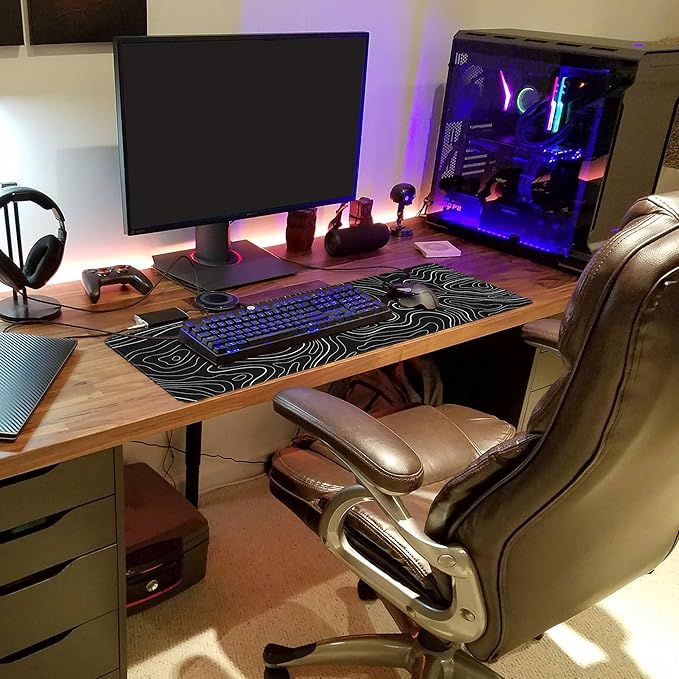 Long Gaming Mouse Pad Extended Anime Large Desk Pad with Non-Slip Base Full Keyboard Mat with Stitched Edges for Gaming and Office 31.5 x 11.8 inches (Black Geometry)