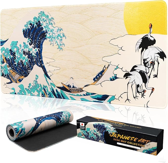 BELLEMOND Japanese Art Desk Mat | Large 31.5x11.8in Anime Mouse Pad for Keyboard & Mouse | Non-Slip Base, Water-Repellent | Original Japanese Design | Waves of Harmony