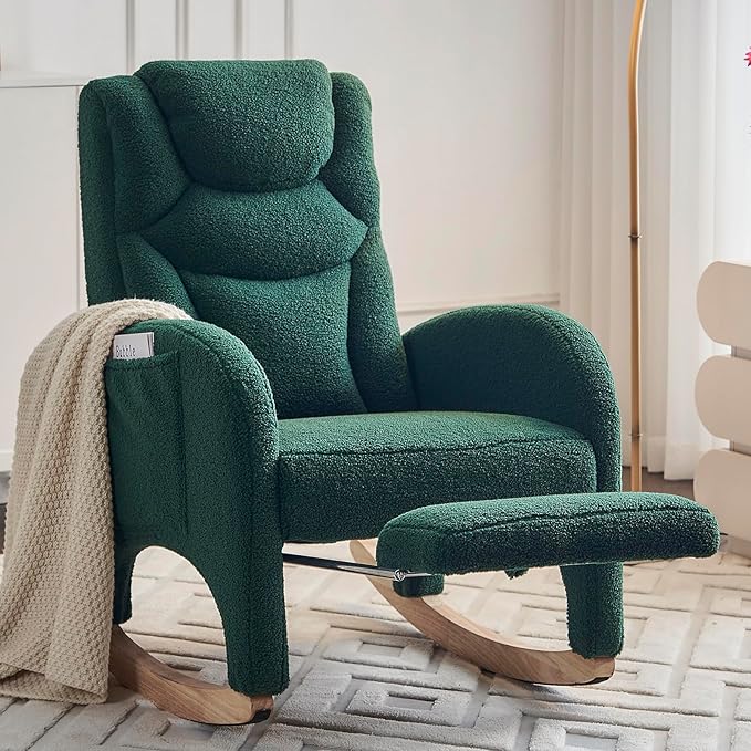 Comfy Rocking Chair Nursery Glider, Upholstered Nursery Chair with Foot Rest, Modern Rocker Chair with Pocket, Accent Armchair with Smooth Rocking Base for Nursing, Reading, Relaxing (Green Teddy)