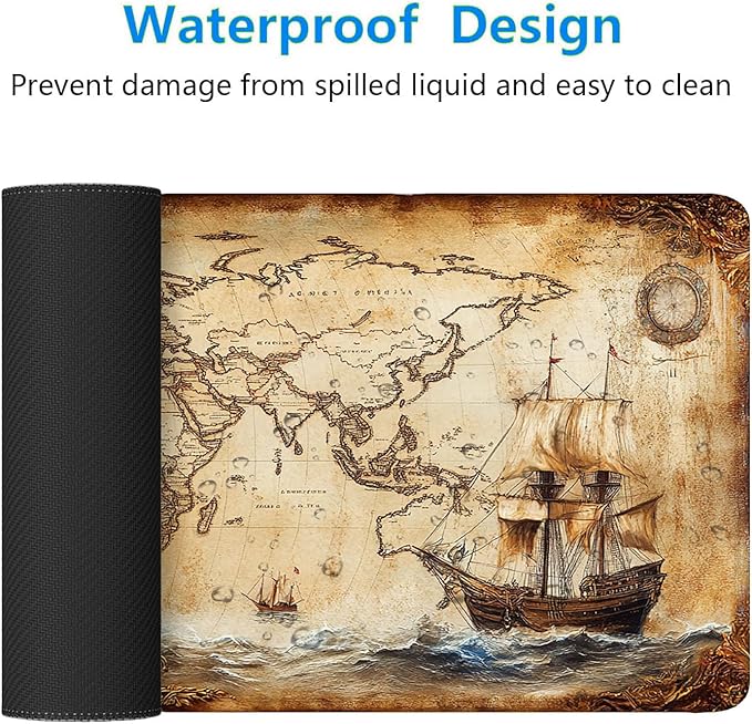 Vintage Map Mouse Pad World Ship Compass Antique Extended Mousepad Waterproof Stitched Edges Rubber Base Non-Slip Deskmap Computer Keyboard Mat Office Computer Keyboard Laptop Home 31.5x11.8 Inch
