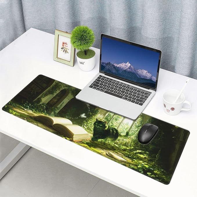 Cat Book Mouse Pad 31.5 X 11.8 Inch Big Desk Rubber Base Stitched Edges Keyboard Pad XXL Mouse Mat for Home Game and Office