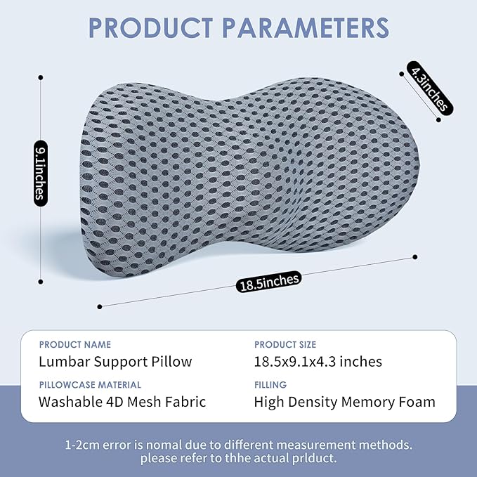 kasney Lumbar Support Pillow, Memory Foam Lumbar Pillow for Lower Back Pain Relief, Back Support Pillow for Office Chair, Car Seat - Gray