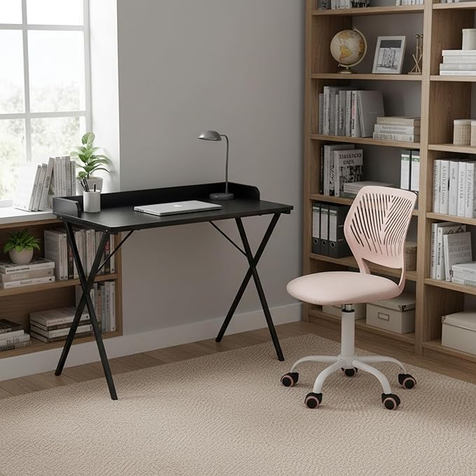 Homy Casa Modern Home Office Desk and Chair Set, Black X-Frame Computer Desk with Pink Ergonomic 360° Swivel Task Chair with Height Adjustment, 47.2 x 19.9 Inch Study Workstation