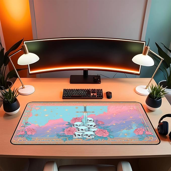 Pink Gothic Desk Mat, Soft Rose Flower Gaming Mouse Pad, Dreamy Colorful Starry Sky Desk Pad Mouse Mats, Funny Desk Protector Mat, Cute Office Desk Decor Accessories for Female Girls 31.5"X15.7"