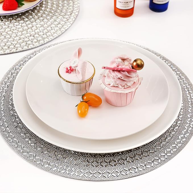 Silver Round Placemat Heat Resistant Non-Slip Table Mat for Fall Kitchen Dining Festivals Table Wedding Sparkle Christmas Decoration Glass Rhinestones Placemat (15 Inches)
