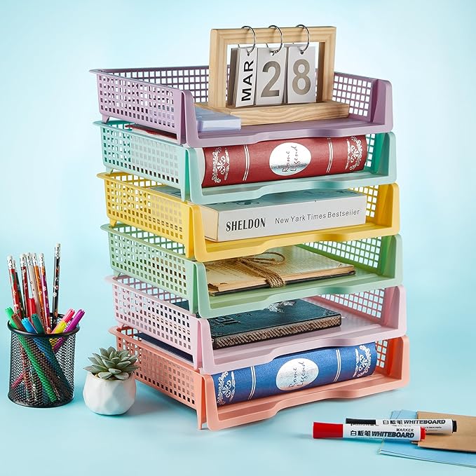 gisgfim 12 Pack Plastic Turn in Paper Trays for Classroom Pastel Storage Bin Basket Organizers for School Teacher Supplies Classroom Office Home Organization Storage Tray Holds 4A Paper File Document
