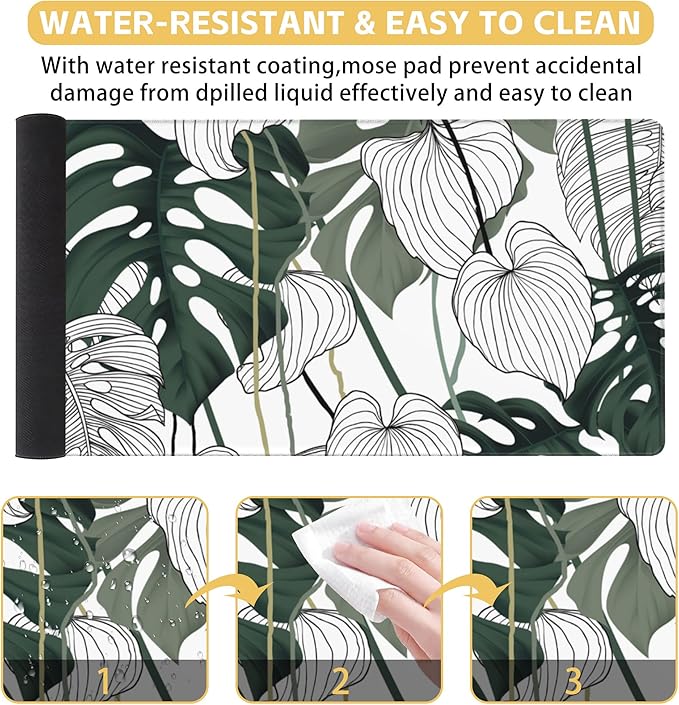Tropical Leaf Extended Large Gaming Mouse Pad Split Leaf Philodendron Plant XXL Mousepad Desk Pad Mat for Keyboard and Mouse, Non Slip Rubber Base Mousepad with Stitched Edges, 31.5 x 15.8 in
