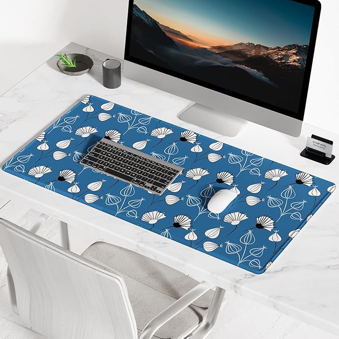 BOSOBO Large Mouse Pad, Desk Pad, XXL XL Extended Gaming Mouse Pad, Desk Mat for Office & Home, Long Keyboard Mat, Huge Mouse Pad, Desktop Full Cover 31.5 x 11.8 Inches, Minimalist Blue White Flowers