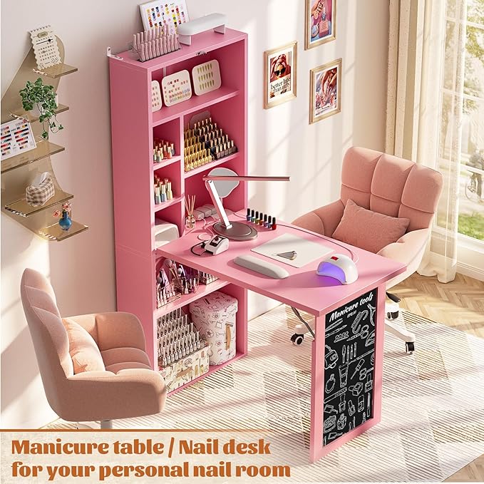 Armocity Small Folding Desk with Outlets, Convertible Writing Desk for Small Spaces/Home Office/Craft Room, Multi-Function Desk Workstation with Blackboard, Fold-Out Cabinet Table, Pink
