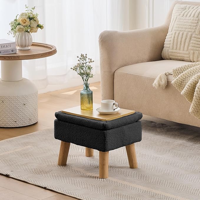 Storage Ottoman, Small Foot Stool Ottoman with Storage, Teddy Velvet Foot Rest with Wood Legs, Footstool for Living Room, Bedroom, Entryway, Black