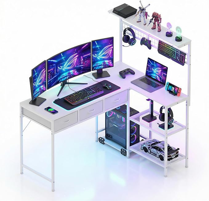 Garvee Computer Desk with 3 Fabric Drawers, 50.4 in l-Desk Display Shelves with Led Light & Power Outlet, PC Table Workstation for Home Office, Gaming Desk for Small Spaces, White