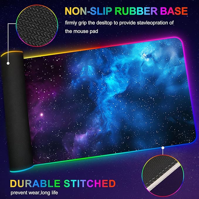 ARTSO RGB Mouse Pad Led,XXL Large Mouse Pad Purple Blue Starry Nebula, Big Mouse mat Computer Mousepad with 14 Light Modes, 35.4 x15.7 Inch Keyboard Mat