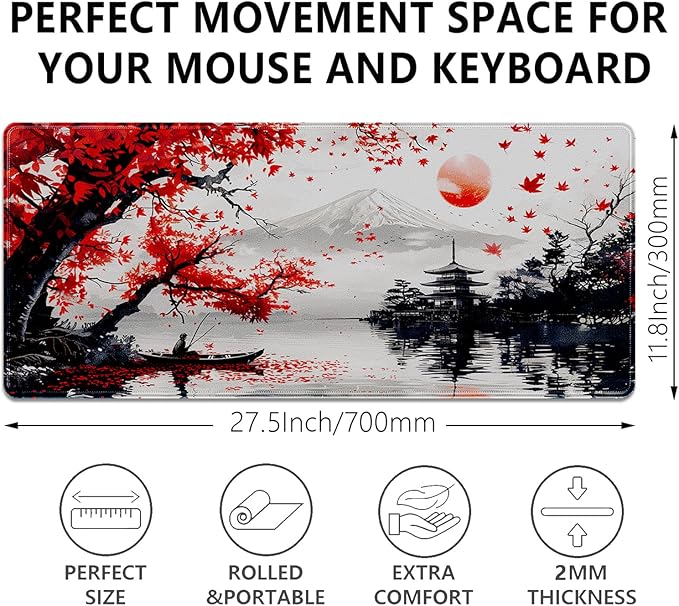 Mount Fuji Mouse Pad Desk Pad, 27.5x11.8 in Japanese Style Mouse Pad Extended Keyboard Mousepad with Stitched Edges, Waterproof Non-Slip Rubber Base for Office Computer Laptop Home