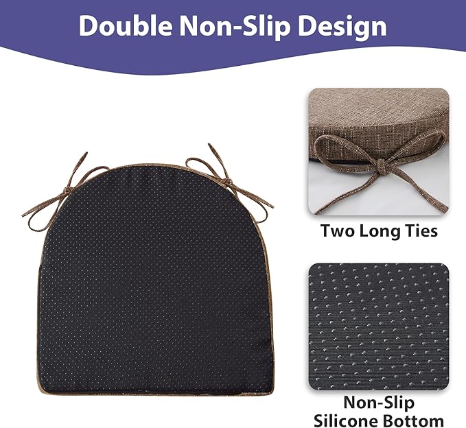 IPYNBAP Chair Cushions for Dining Chairs, Kitchen Chair Cushions, 16'' x 16'' x 2'', Non Slip Indoor Seat Cushions, Chair Pads for Dining Chairs with Ties & Removable Cover, Set of 6, Brown