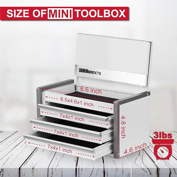P.I.T. Mini Tool Box 8.6"W X 4.6"D, Portable 3 Drawer Steel Stackable White Tool Box with Magnetic Tab Locking, White Micro Top Chest with Liner for Tools Storage and Organizers, Home DIY