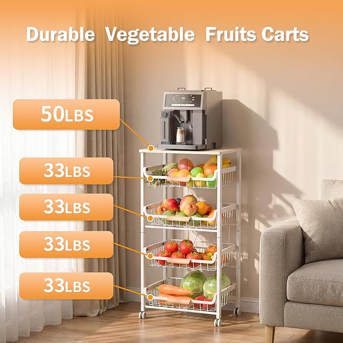JAQ Vegetable Storage Cart with Wheels, 5-Tier Rolling Cart with Slide-Out Baskets for Onion Potato Storage, Metal Produce Rack Organizer with Wooden Top & Handle for Kitchen Pantry, White