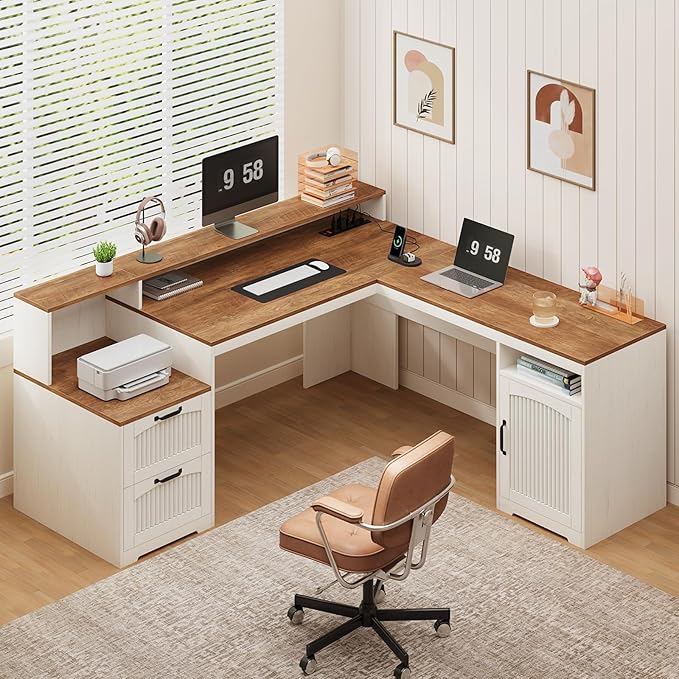 YOMILUVE 63" Farmhouse L Shaped Executive Desk with Drawers & Storage Shelf, Corner Fluted Computer Desk with Power Outlets, L Shaped Office Desk with Monitor Stand, Printer Shelf