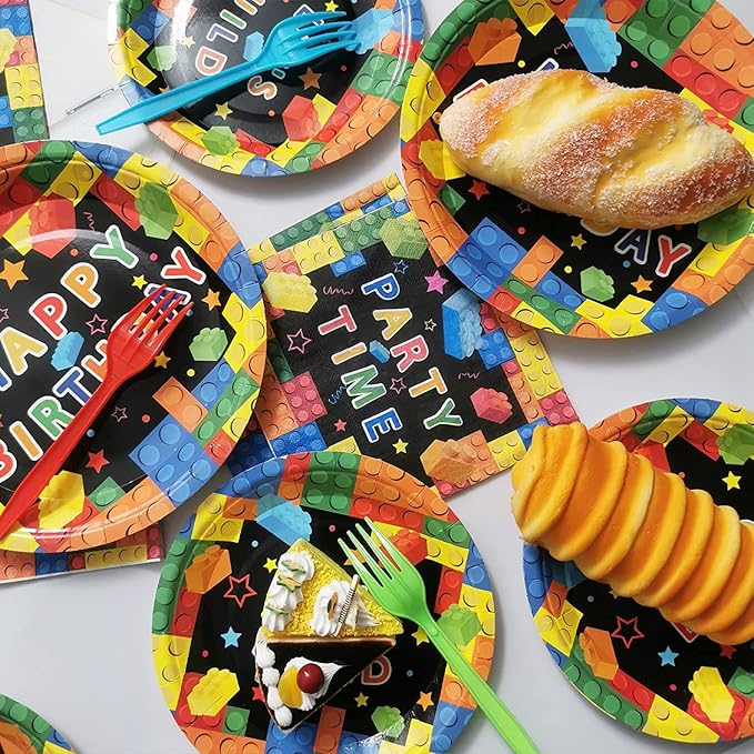 gisgfim Building Blocks Party Tableware Kit for 24 Guests Colorful Blocks Theme Birthday Party Decorations Kids Blocks Party Table Supplies Includes Plates, Napkins, Tablecloths