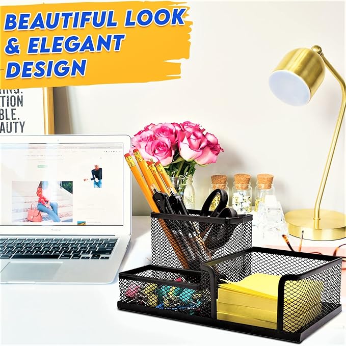 2 Pack 3 in 1 Mesh Pen Holder for Desk, 3 Compartments Pencil Holder Desk Organizer Caddy with Sticky Notes Holder Easy Storage Suitable for Home, Office and School