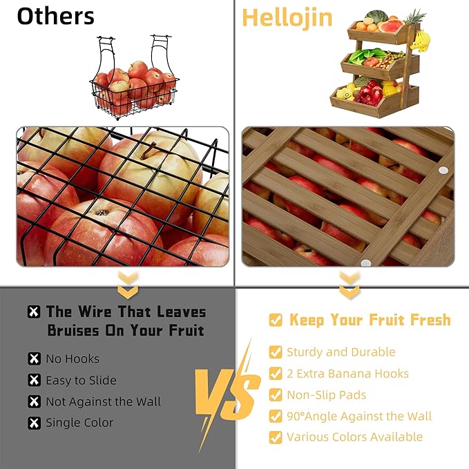Hellojin 3 Tier Fruit Basket For Counter, Large Capacity Fruit Storage Countertop, Fruit Holder, Wooden Pantry Organizers and Storage, Kitchen Countertop Organizer With 2 Banana Hangers (Walnut)