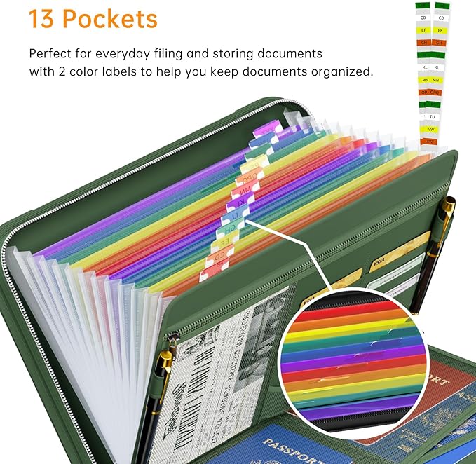 Tamfile Fireproof Accordion File Organizer with Handle, 13 Pocket Transparent Expanding File Folder (Green with Handle, 14.3" x 9.8" (Colour Pocket))