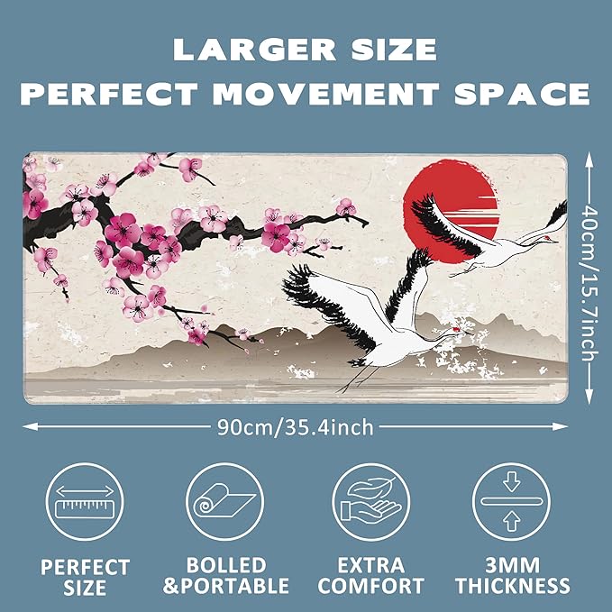 Extended Gaming Mouse Pad Sakura Branch and Flying Herons Large Mousepad with Stitched Edges,Anti-Slip Rubber Base Keyboard Mouse Mat Desk Pad for Gaming Home Office 35.4 x 15.7 inches