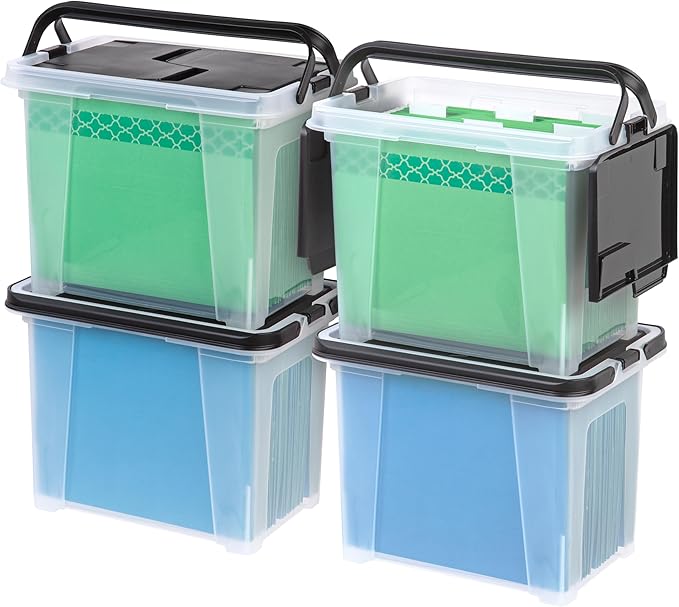 IRIS USA File Box File Organizer w/Wing Lid for Letter/Legal File, Water Resistant Document Box, BPA-Free Plastic Storage Bin Organizer with Handles, Stackable, Nestable, Clear 18 Qt. 4Pack