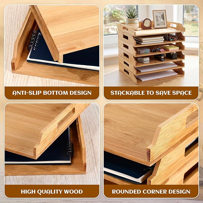 AceOrbit 6 Pcs Stackable Paper Tray Bamboo Wood Desk Organizer Letter Tray 6 Tier Wooden File Organizer Desk Shelf for Documents, Letter Sorter, Envelopes and Magazine Holder