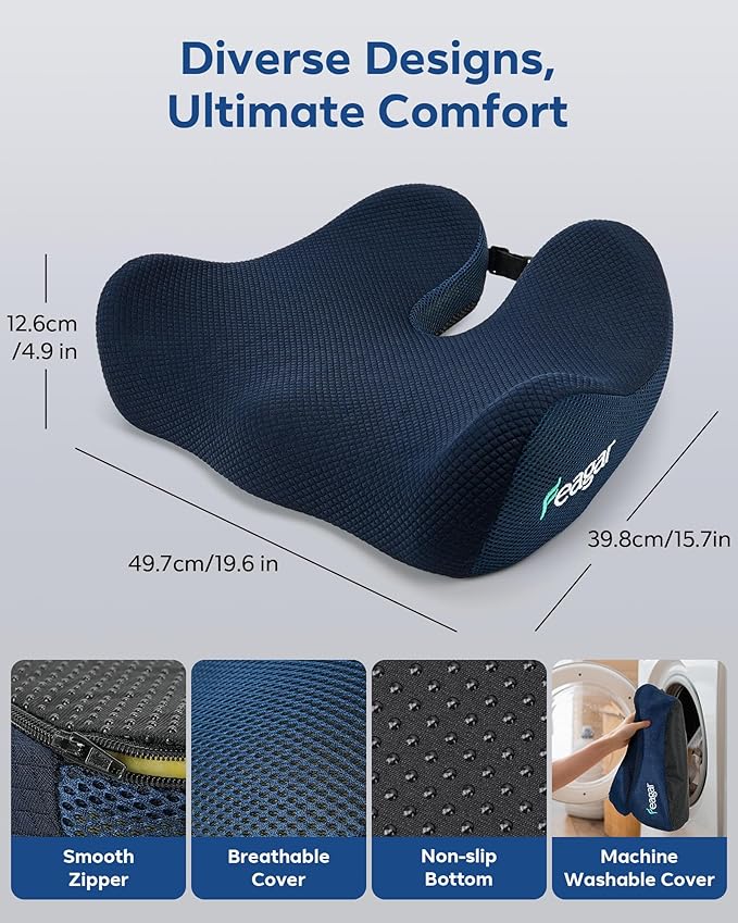 Feagar Seat Cushion for Office Chair - Memory Foam Tailbone Cushion for Desk Chair, Car Seat and Wheelchair - Ergonomic Chair Pad for Hip and Lower Back Comfort - Washable Mesh Cover Blue