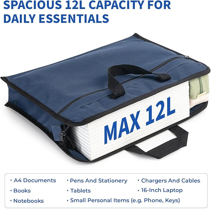 M&G 12x15 in Large Zipper Pouch with Handle, A4 Foldable Heavy-Duty Waterproof Oxford Zipper Document Bag, File Organizer for Office Travel Books Papers Filing Folder, Double Layer 1 Pack (Dark Blue