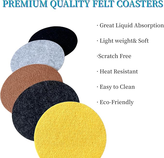 10 Pcs Felt Coasters with Holder, Coasters for Drinks Absorbent, Cup Mat Desk Coaster for Drinks Bar Home Coffee Table Decor Heat Resistant Tabletop Protection, 4Inch (Yellow)