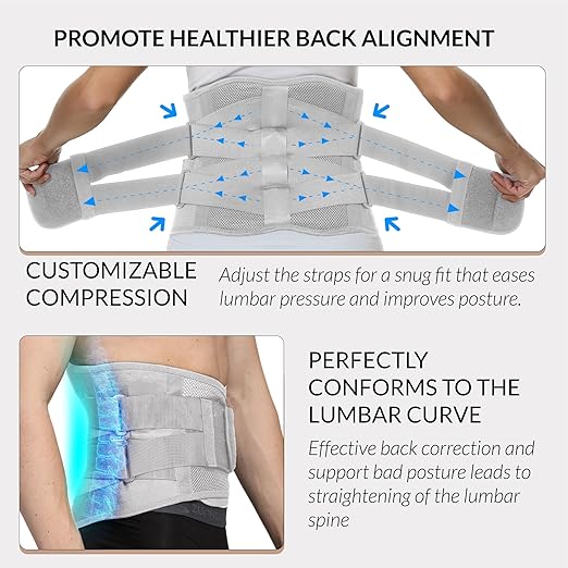 NeoTech Care Lower Back Brace for Women or Men, Lumbar Back Support Belt (Grey, Size L)