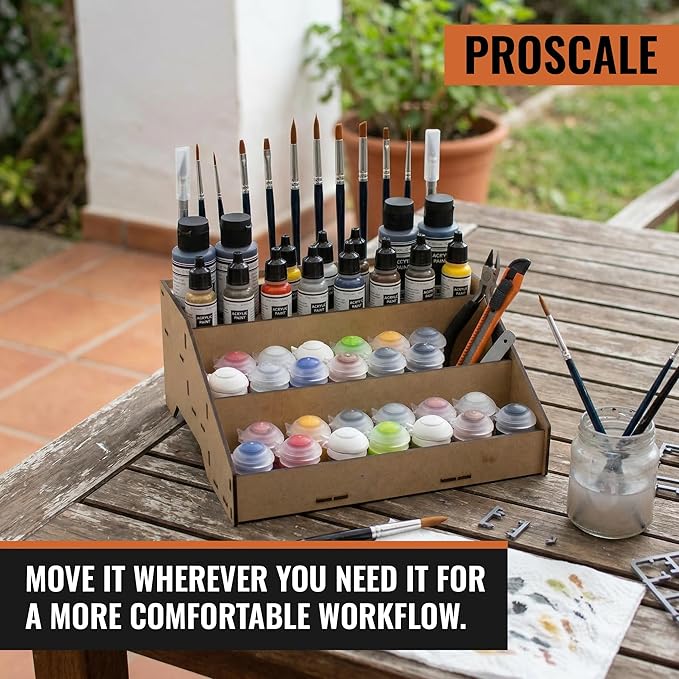 PROSCALE Universal Paint Organizer Rack for Miniatures Modeling Paint Holder for all kind of Bottles + Brush/Tool Slots Compatible with Citadel, Vallejo, Army Painter, Tamiya, others (Module B)
