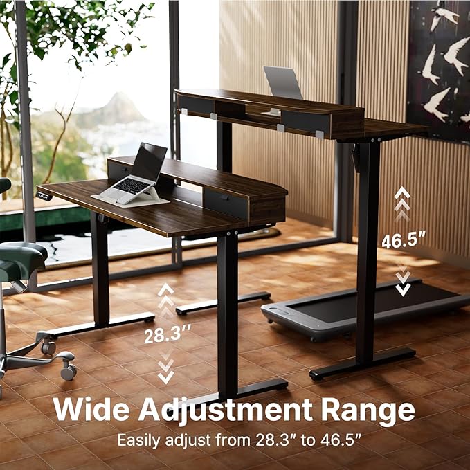 HUANUO 40 x 24 inch Small Electric Standing Desk with 2 Drawers, C-Clamp Mount Compatible, Height Adjustable Sit Stand Desk, Home Office Stand Up Desk with 4 Memory Height Settings, Walnut