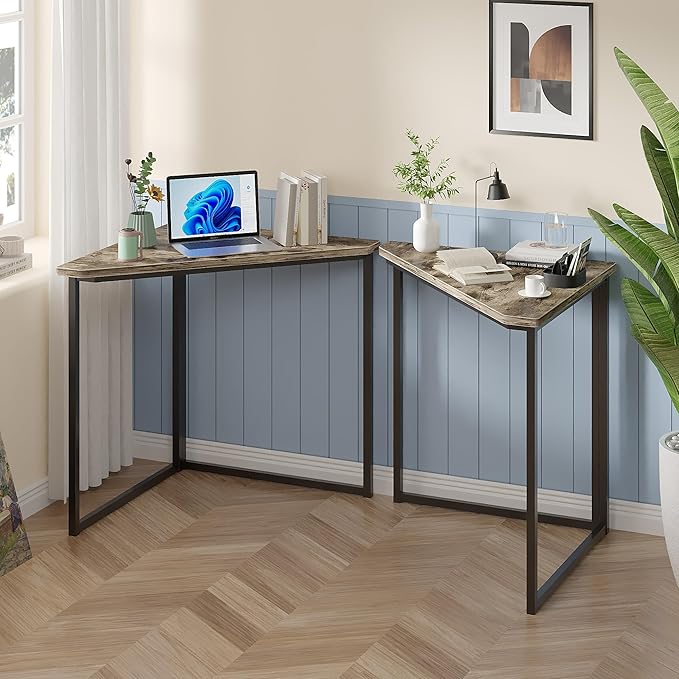VECELO Corner Desk,Office Tables for Living Room for Small Space Triangle Computer Desk with Steel Frame Corner Shelves with Metal Frame Writing Desk for Workstation Classic Grey 33.1"