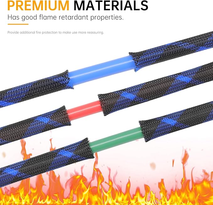 Braided Cable Sleeve, 33ft Expandable Wire Loom for Automotive Wiring Harness & PC Case, Pet-Proof Chew Resistant Cord Protector, Flexible Cable Management (Black-Blue, 8mm (5/16"))
