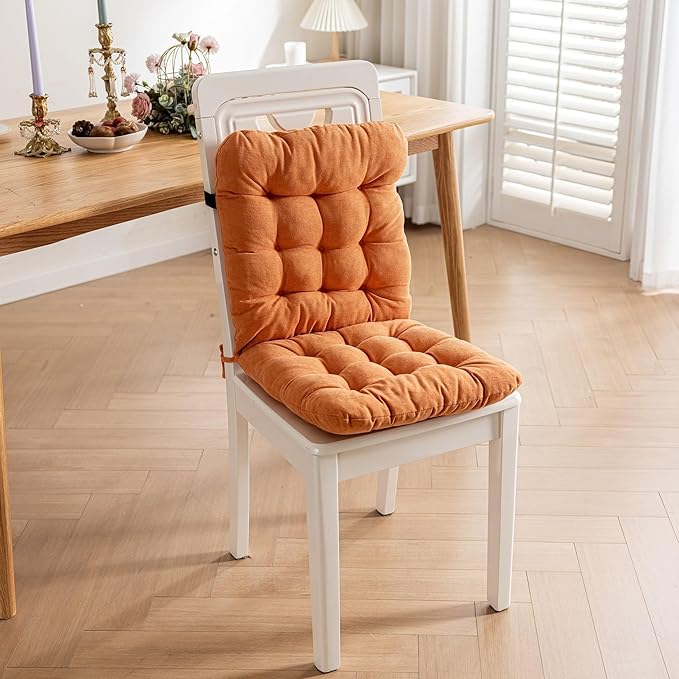 Desk Chair Cushion,Non-Slip Office Chair Pad with Ties,Soft Seat Cushion with High Back Support for Dorm,Car,Dining Room,Kitchen,Rocking Chairs (Orange)