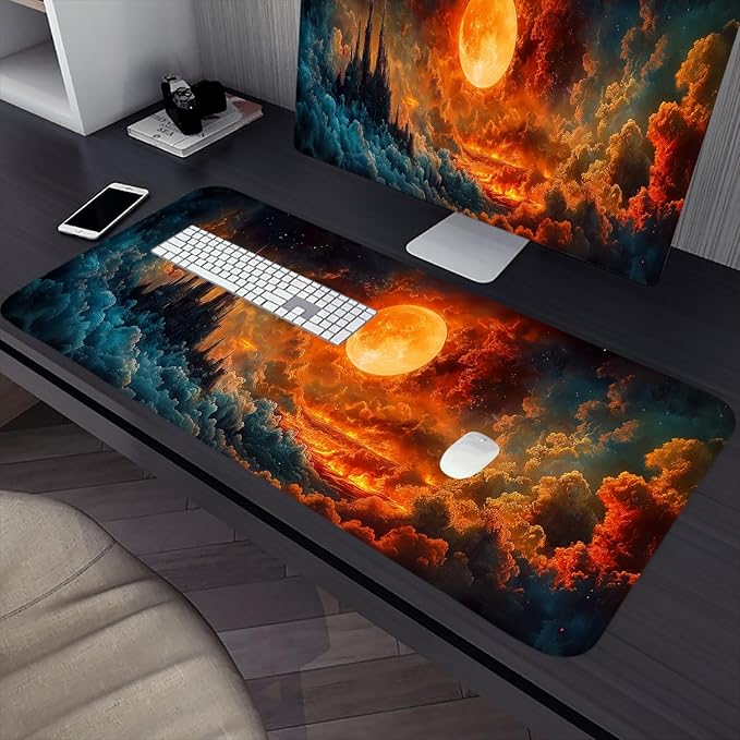 Fantasy Scenery Desk Pad Mouse Pad Hell Moon Ancient Burning Castle XL Mouse Pad Large Mousepad Extended Laptop Keyboard Mat Gaming Desk Pad Mouse Mat Office Computer Keyboard Laptop Home
