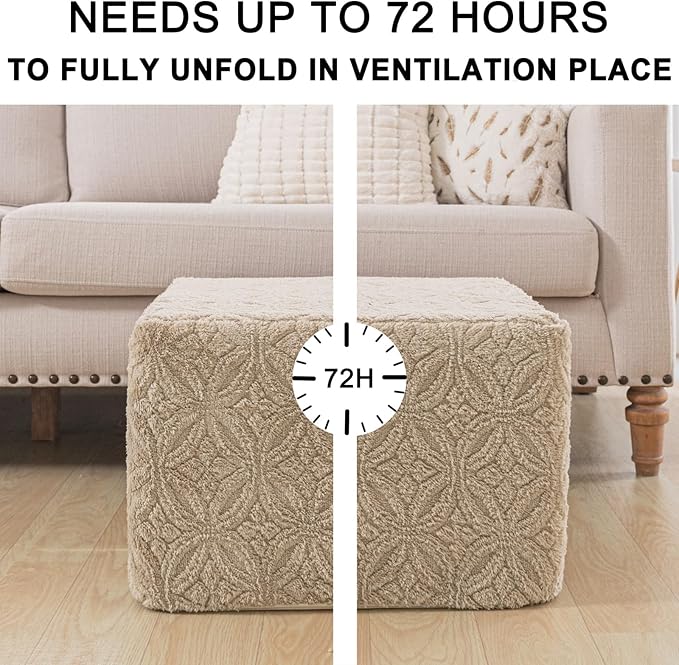 Furry Square Pouf Ottoman – 20"x14" One-Piece Seamless Integral Foam Foot Stool Ottoman Foot Rest Living Room Bedroom Under Desk (Light Coffee)