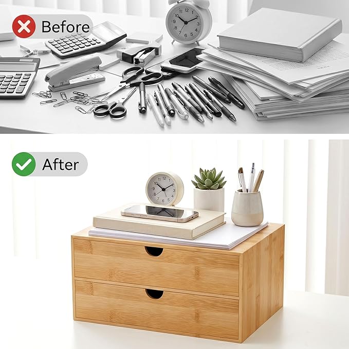 Desk Organizer with Drawers - Bamboo Desktop Organizer Storage | Wood Desk Drawers Organizer for Bills, Office Supplies, Cosmetics, Seals No Assembly Required (2 Drawer)