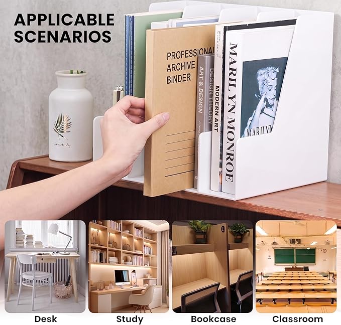 LALOBLUE White Vertical File Organizer, 4 Section Magazine Holder for Desk, Desktop File Folder Rack for Books, Magazines, Documents and Notebooks, Office Home School