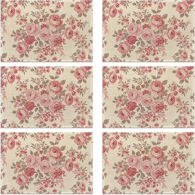 Floral Pink Flowers and Leaves Table Placemats Set of 6, Linen Placemats 12x18 Inch, Washable Non Slip Heat Resistant Mats for Dining Table Kitchen Indoor Use