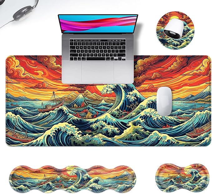 Ergonomic Mouse Pad Set with Wrist Support for Keyboard and Wrist Rest for Mouse, Memory Foam Comfort, Non-Slip Large Desk Mat for Home Office Pain Relief,Retro Japanese Waves
