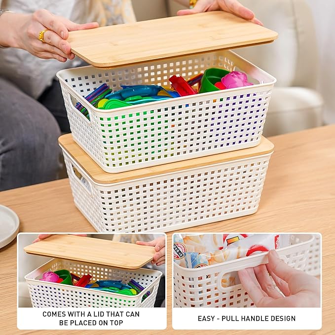 Storage Bins with Lids 10 Packs, Plastic Storage Bins with Bamboo Lids for Pantry Organization and Storage Containers for Shelves Drawers Desktop Closet Playroom Classroom Office Home, White