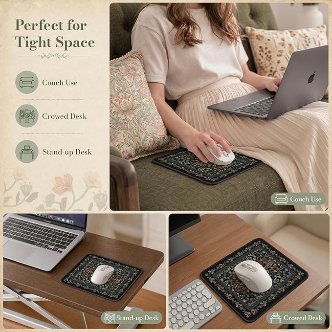 iCasso Aesthetic Small Floral Mouse Pad, Mini Portable Travel Mousepad, Anti-Slip and Comfortable Cloth Mouse Mat 7.9"x9.5" with Stitched Edges for Computer, Laptop, Office, Home(Black)