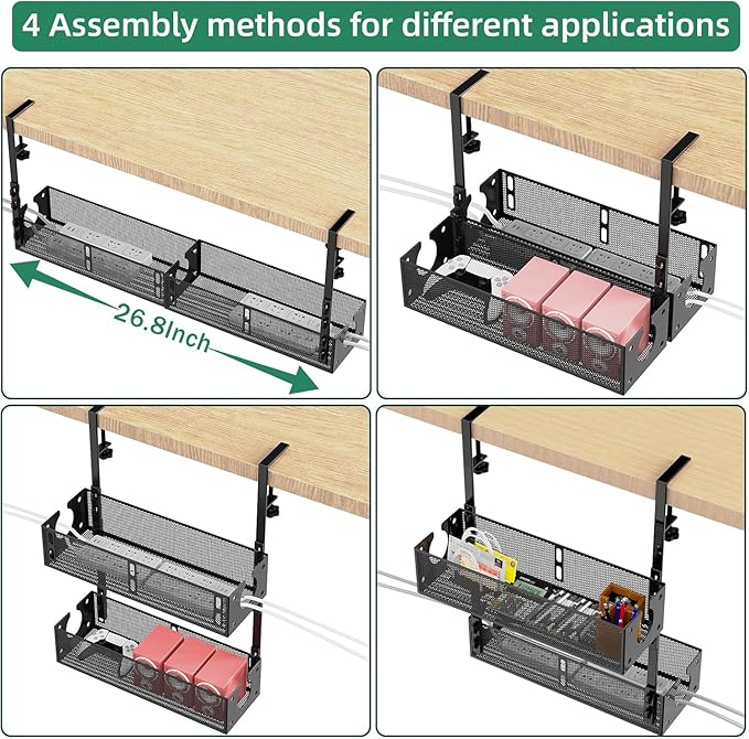 Multi-Model Under Desk Cable Management 2 Pack Metal Under Desk Wire Management Tray Clamp Mount Under Table Cord Management No Damage The Desk