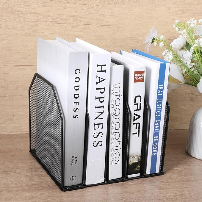 2 Pcs Vertical File Organizer for Desk - Metal Mesh Holder with 5 Compartments, File Folder Rack & Document Storage Stand - 9.3" x 8.5" x 7.9"