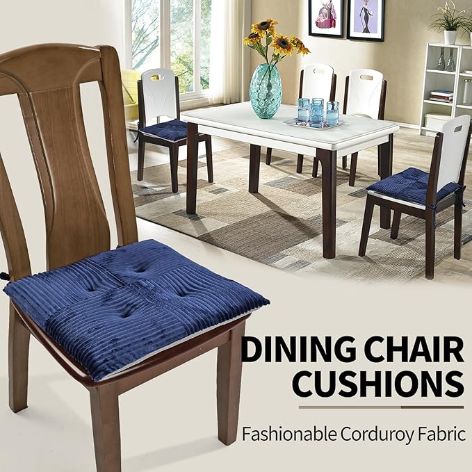 Office Stacking Chair Cushion with Ties, Corduroy High Density Foam Non-Slip Kitchen Seat Cushion, Square 17" x 17" Indoor Dining Chair Pads, Navy Blue, 1 PCS