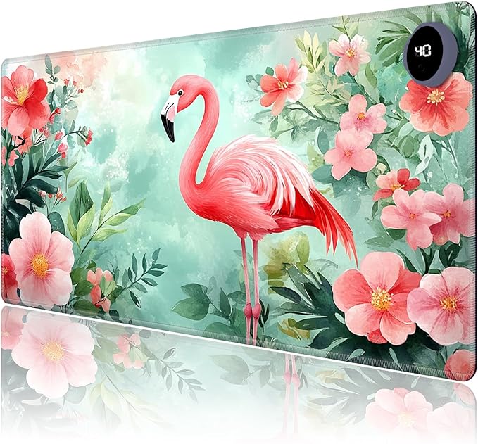 Heated Mouse Pad,Warm Desk Pad with 3 Levels Heating & 3 Hours Auto Shut-Off, PU Leather Heated Desk Pad Warmer Pad for Home Office - 31.5 x 13 inch,Beautiful Flamingos